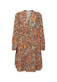 Blumenkleid mit schwarzem Hintergrund, auf dem orangefarbene, weiße und gelbe Blumen abgebildet sind. Mit langen Ärmeln und einem gestuften Saum. Leichtes Material.