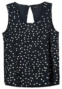 Haut sans manches bleu marine avec un dos en forme de trou de serrure, présentant un motif de feuilles éparpillées en blanc et argent. Tissu doux et léger avec une coupe décontractée.