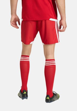 Mężczyzna w czerwonych krótkich spodenkach piłkarskich, czerwonych wysokich skarpetach z białymi paskami i czarnych korkach, stojący tyłem do przodu.