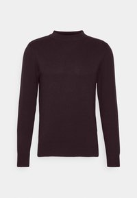 Ciemnofioletowy sweter z długim rękawem i prążkowanym okrągłym dekoltem, wykonany z miękkiego materiału. Posiada dopasowane mankiety i gładką fakturę.