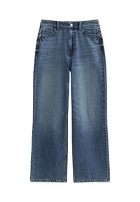 Jeans de mezclilla de pierna ancha azul con botón y cremallera en el frente, pasadores para cinturón y diseño de cinco bolsillos sobre un fondo blanco.