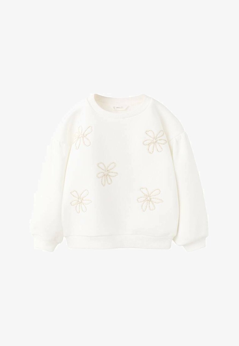 Biele mikina s vyšívanými kvetinovými motívmi v svetlo béžovej farbe, s okrúhlym výstrihom a rukávmi so spustenými ramenami. Mäkká textúra a voľný strih.