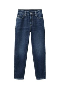 Tmavě modré džíny s vysokým pasem a rovnými nohavicemi, s předním zapínáním na knoflíky a zip, předními a zadními kapsami a klasickým džínovým prošitím.