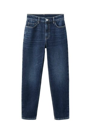 Vaqueros azul oscuro de talle alto y corte recto, con botón y cremallera delanteros, bolsillos delanteros y traseros, y costuras clásicas de denim.