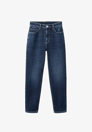 Jeans dritti a vita alta di colore blu scuro con bottone e cerniera frontali, tasche anteriori e posteriori, e cuciture classiche da denim.