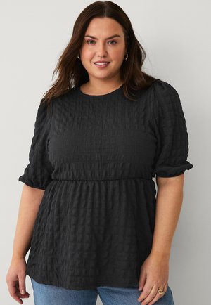 Schwarze Bluse aus strukturiertem Stoff, mit kurzen Puffärmeln, einem runden Halsausschnitt und einer taillierten Taille für eine lockere Passform.