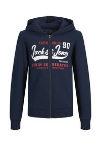 Felpa con zip di colore blu navy realizzata in tessuto morbido, dotata di cappuccio foderato, tasche frontali e una grande stampa grafica bianca e rossa sul petto.