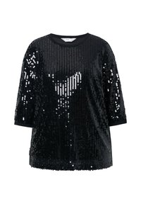Schwarzes Paillettenshirt mit kurzen Ärmeln, rundem Halsausschnitt und einfarbigen schwarzen Bündchen. Die Oberfläche hat durch die Pailletten ein glänzendes, strukturiertes Aussehen.