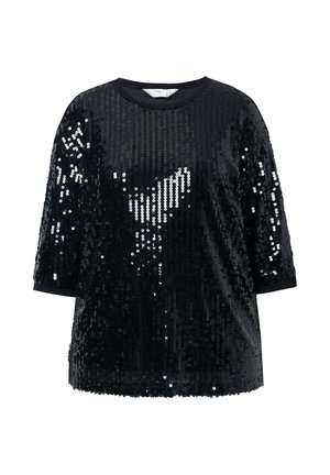 Top nero con paillettes, maniche corte, scollatura rotonda e polsini neri solidi. La superficie ha un aspetto lucido e strutturato grazie alle paillettes.