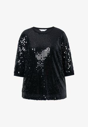 Schwarzes Paillettenshirt mit kurzen Ärmeln, rundem Halsausschnitt und einfarbigen schwarzen Bündchen. Die Oberfläche hat durch die Pailletten ein glänzendes, strukturiertes Aussehen.