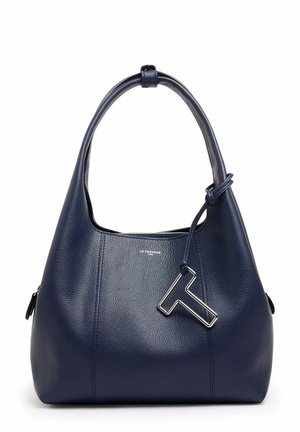 Borsa hobo in pelle blu navy con una texture liscia, forma strutturata e un accento 'T' in tonalità argento attaccato al manico.