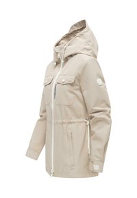 Bēšas krāsas kapuce ar rāvējslēdzēju priekšpusē, krūšu kabatas ar atloku, sānu kabatas, regulējamas jostas auklas un Velcro aizdares plaukstas locītavās.