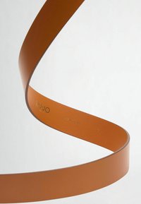 Brun læderbælte med en glat tekstur, der har et subtilt logo prægede i guld. Bælte har en kontinuerlig, buet form.