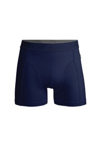Navy blue men's boxer shorts in smooth stretch fabric, featuring a branded elastic waistband and reinforced stitching details.