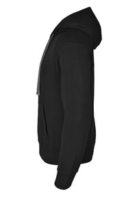 Svart hoodie med känguruficka och justerbar huva. Har långa ärmar samt ribbad mudd och fåll. Slät tygstruktur.