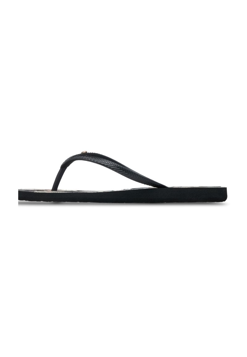 Zwarte flip-flop sandaal met gestructureerde rubberen banden en een gladde, gevoerde voetbed. Laag profiel met een platte zool en een minimalistisch ontwerp.