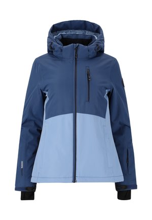 Waterdichte jas met een twee-tone ontwerp in marineblauw en lichtblauw, verstelbare kap, ritsborstzak en elastische manchetten.