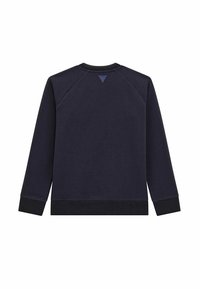 Sudadera navy con mangas raglán largas, puños y dobladillo de canalé, que presenta un acento de logo triangular en la parte trasera del cuello. Textura suave.