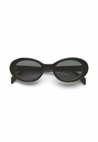 Lunettes de soleil noires en forme ovale avec des verres foncés, monture en plastique épais et tempes pointues. Design minimaliste sans marquages de marque visibles.