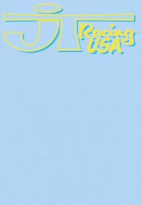 Světle modré pozadí s odvážným, stylizovaným textem v žluté a zelené, který zní "JT Racing USA." Důraz na hravý design písma.