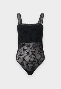 Body preto com alças de renda, apresentando um padrão floral em material transparente. Parte superior sólida com detalhes bordados e fecho de pressão na parte inferior.