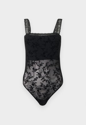 Body preto com alças de renda, apresentando um padrão floral em material transparente. Parte superior sólida com detalhes bordados e fecho de pressão na parte inferior.