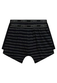 Boxer da uomo blu navy con righe orizzontali grigie. Vita elastica con logo "JP1880". Materiale morbido, vestibilità ampia, progettato per il comfort.