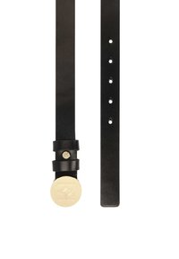 Black leather belt with a round gold-tone buckle, featuring an engraved design. The strap has multiple holes for adjustable sizing.