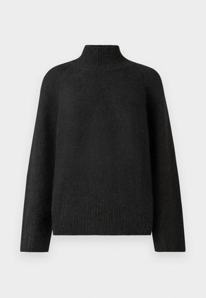 Black long-sleeve sweater with high ribbed neckline and ribbed hem, displayed on a plain white background.