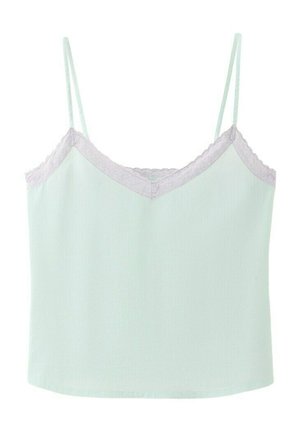 Débardeur vert clair sans manches avec fines bretelles et bordure en dentelle blanche le long de l'encolure en V et du bord supérieur.