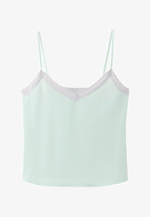Hellgrünes ärmelloses Camisole-Top mit dünnen Trägern und weißer Spitze entlang des V-Ausschnitts und des oberen Randes.