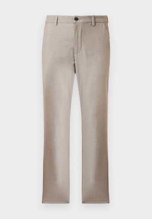 Pantaloni beige su misura con un tessuto liscio e leggero, chiusura con zip e bottone. Presentano due tasche laterali e un design slim dritto.
