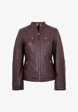 Dark brown leather jacket with front zipper, stand collar with snap buttons, two chest zip pockets, and two side zip pockets.