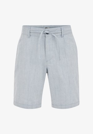 Světle šedé kraťasy po kolena s látkovým páskem uvázaným v pase a jemnou vertikální pruhovanou texturou.