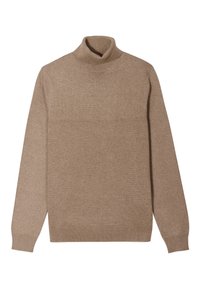 Suéter de cuello alto marrón hecho de una suave tela de punto. Presenta mangas largas y un diseño ajustado con puños y dobladillo acanalados.