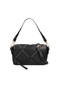 Borsa a tracolla nera trapuntata in materiale sintetico, con tracolla rimovibile, accessori in tonalità oro e una texture morbida.