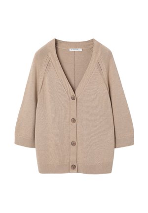 Beezh toonitud kardigan V-kaelusega, nelja ees nupuga ja kolmeveerandvarrukatega, valgel taustal eksponeeritud.