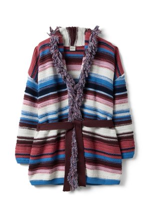 Meerklleurige gestreepte gebreide cardigan met franjes aan de kraag en bijpassende ceintuur in tinten blauw, roze, wit en bordeaux, platgelegd.