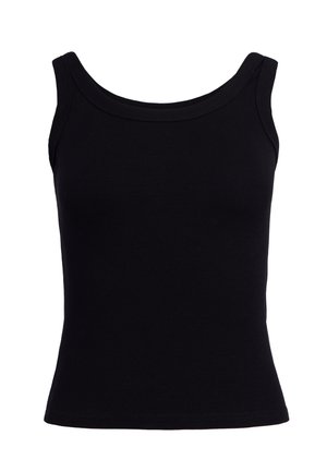 Black sleeveless ribbed tank top with wide shoulder straps and a rounded neckline.