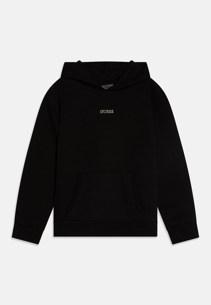 Sweat à capuche noir à manches longues avec poche kangourou devant et logo « GUESS » en petites lettres blanches centré sur la poitrine.