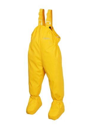 Gelbes wasserdichtes Overall mit verstellbaren Trägern, elastischem Bund und integrierten Fußteilen. Das Material wirkt glatt und strapazierfähig.