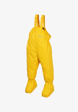 Yellow waterproof overall with adjustable straps, elastic waistband, and integrated booties. Material appears smooth and durable.