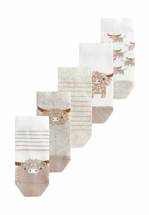 Pet sockova pet para od čarapa u kombinaciji krem i bež boja, s rebrastim manžetama i životinjskim motivima, uključujući dizajn smešnog smešnog simbola visoke planine.