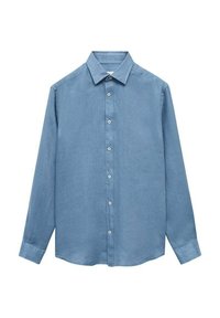 Light blue long-sleeve shirt with a collar, featuring a button front and smooth fabric texture. Classic design with a straight hem.