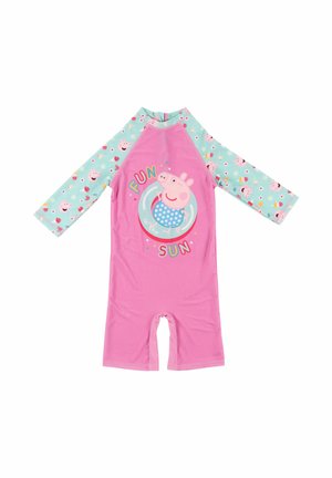 Pink- und türkisfarbiger Langarm-Badeanzug für Kleinkinder mit Cartoon-Schwein, dem Text „Spaß in der Sonne“ und gemusterten Ärmeln mit kleinen Schweinegesichtern und Blumen.