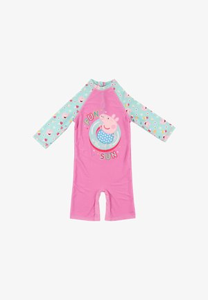 Costume intero a maniche lunghe rosa e turchese per bambini piccoli con maialino dei cartoni animati, scritta "Divertimento al sole" e maniche decorate con piccoli volti di maialini e fiori.