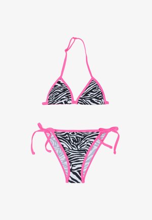 Bikini de estampado de cebra en blanco y negro con ribete rosa. La parte superior tiene copas triangulares y se ata detrás del cuello. La parte inferior cuenta con lazos ajustables en los lados.