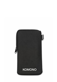 Borsetta nera con zip realizzata in tessuto testurizzato, con il logo bianco "KOMONO" in basso e un piccolo tag decorativo di lato.
