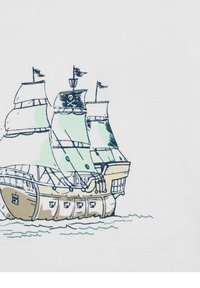 Illustrazione di una nave pirata su sfondo bianco, con dettagli verdi e marroni, vele nere e bandiere con un motivo a teschio.