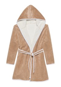 Ropa de baño con capucha en tela de terciopelo beige con ribete blanco, que cuenta con un suave y esponjoso forro interior, mangas largas y un cinturón en la cintura.